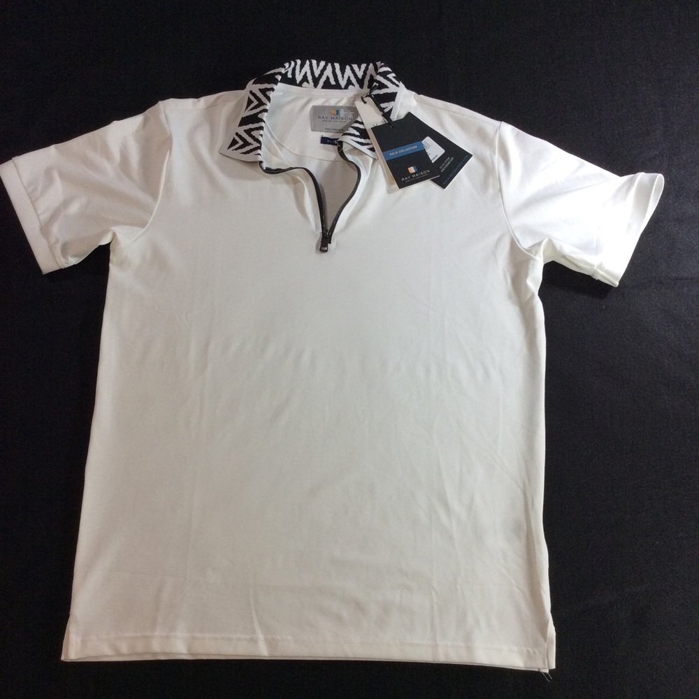 Men's White Short-Sleeve Polo with Patterned Zip Collar SZ M